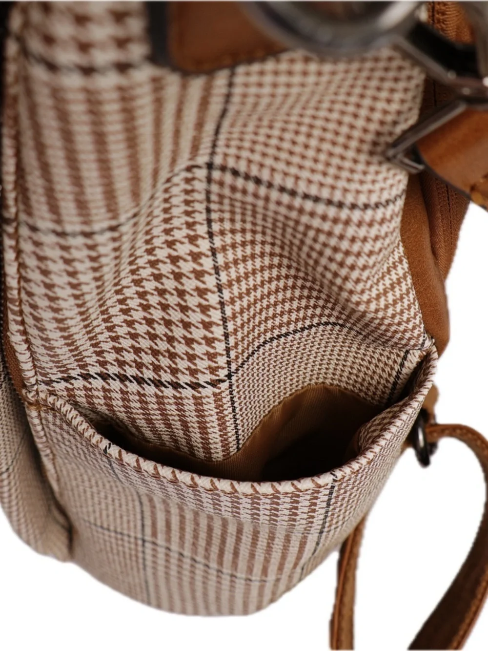 Zocai Plaid Convertible Backpack Shoulder Bag Tan Cream Bow Detachable Pouch